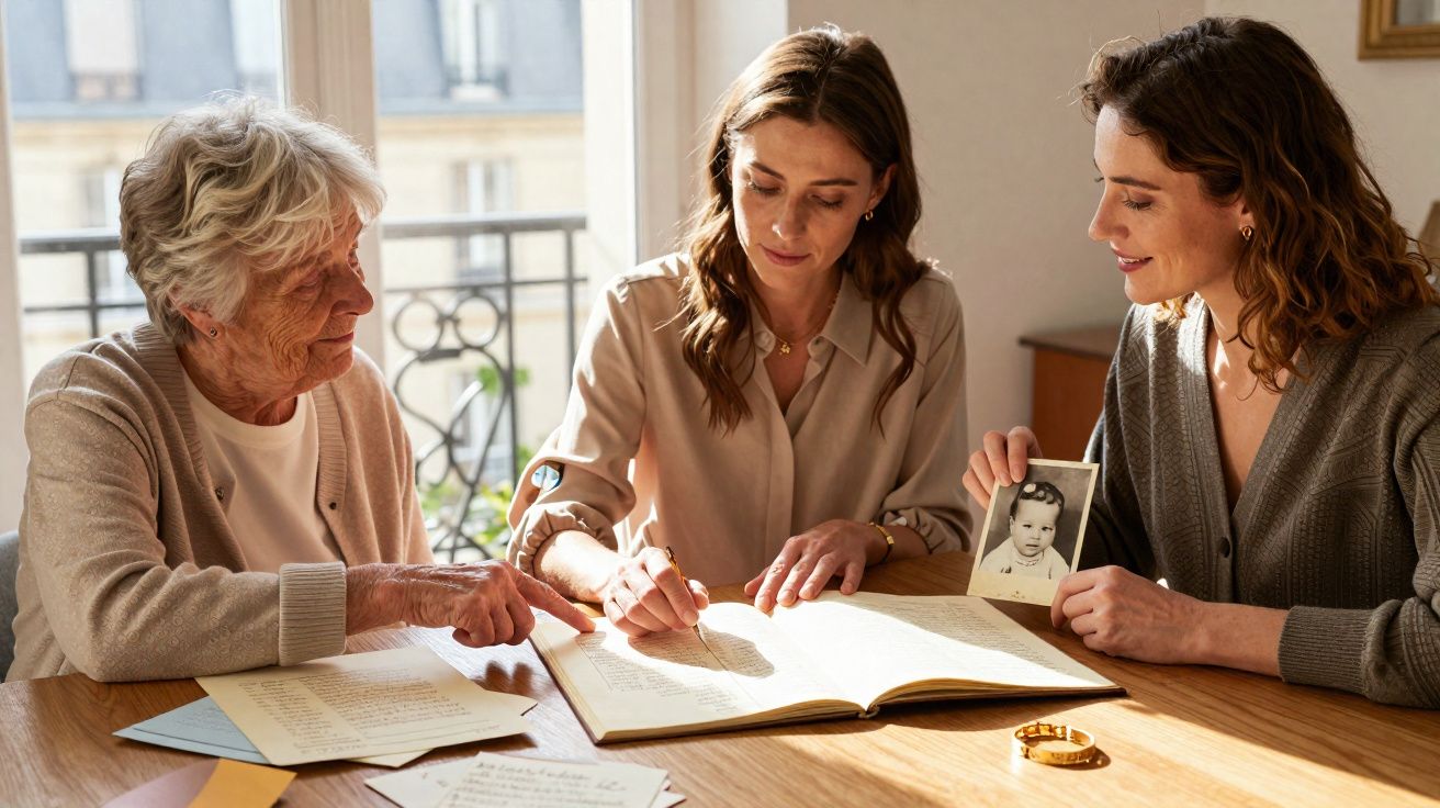 Três gerações de mulheres reunidas à mesa, revendo fotografias antigas e escrevendo num livro de memórias.
