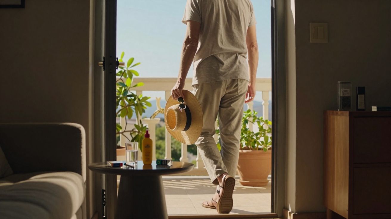 Pessoa de pé numa varanda com chapéu na mão, vista de costas, luz solar suave a entrar pela porta aberta.