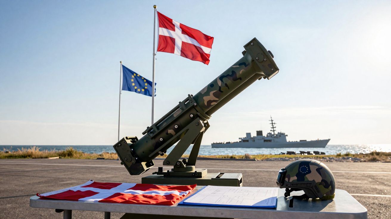 Míssil em suporte camuflado junto a capacete, bandeiras da Dinamarca e União Europeia, com navio militar ao fundo.