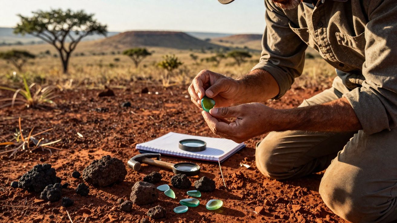 Homem examina minerais verdes ao ar livre numa paisagem árida com caderno, martelo e lupa no chão.
