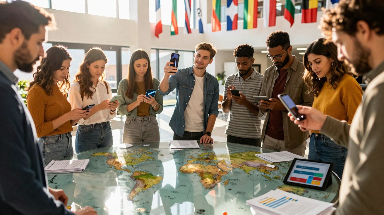 Grupo multicultural de jovens em redor de mesa com mapa-múndi, usando telemóveis e tablet em ambiente iluminado.