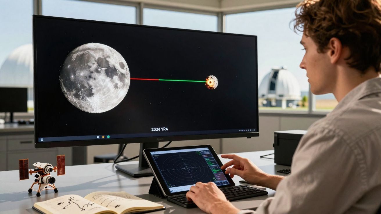 Pessoa a analisar dados astronómicos num tablet, com modelo lunar e imagem da Lua num monitor grande.
