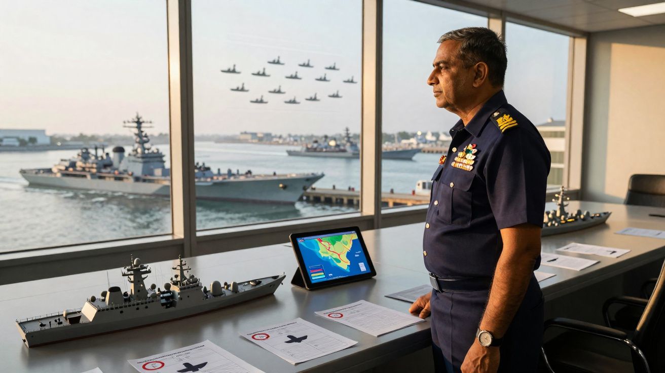 Oficial naval observa marinha e aviões de guerra através da janela em sala com maquetes e documentos.