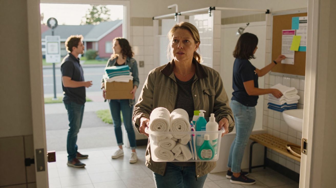 Mulher a carregar toalhas e produtos de limpeza num sanitário, com três pessoas ao fundo a organizar roupa.