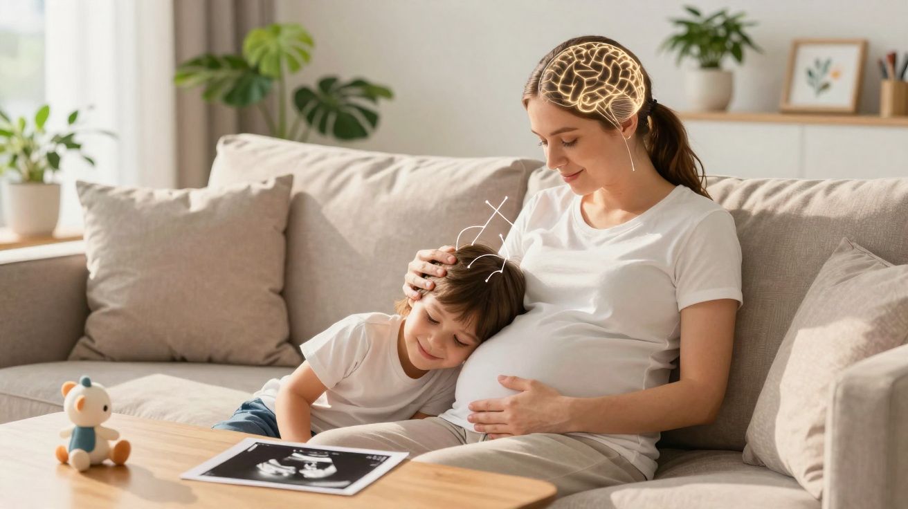 Mulher grávida sentada no sofá com filho encostado na barriga, exibindo ecografia, conceito de conexão e desenvolvimento cere