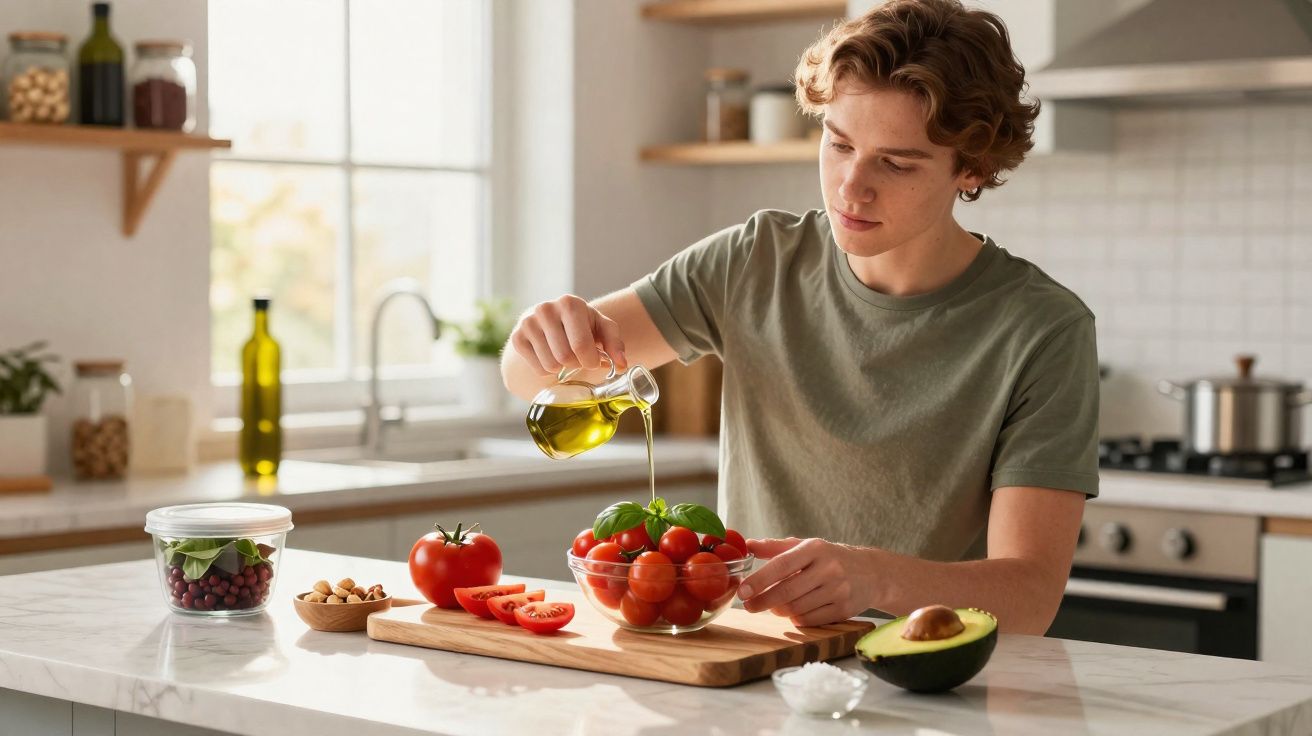 Jovem a regar salada de tomates-cereja com azeite numa cozinha moderna e luminosa.