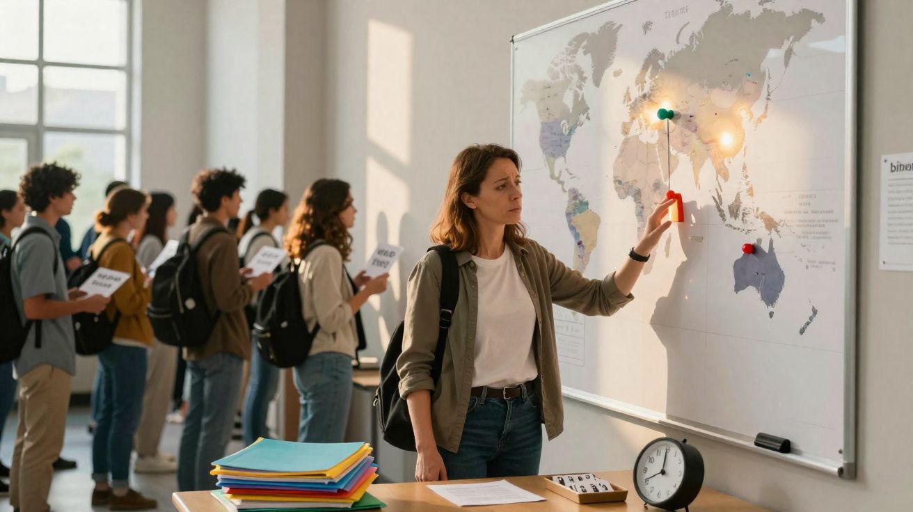 Estudante a apontar mapa-mundo com grupo de jovens alinhados com cadernos nas mãos numa sala iluminada.