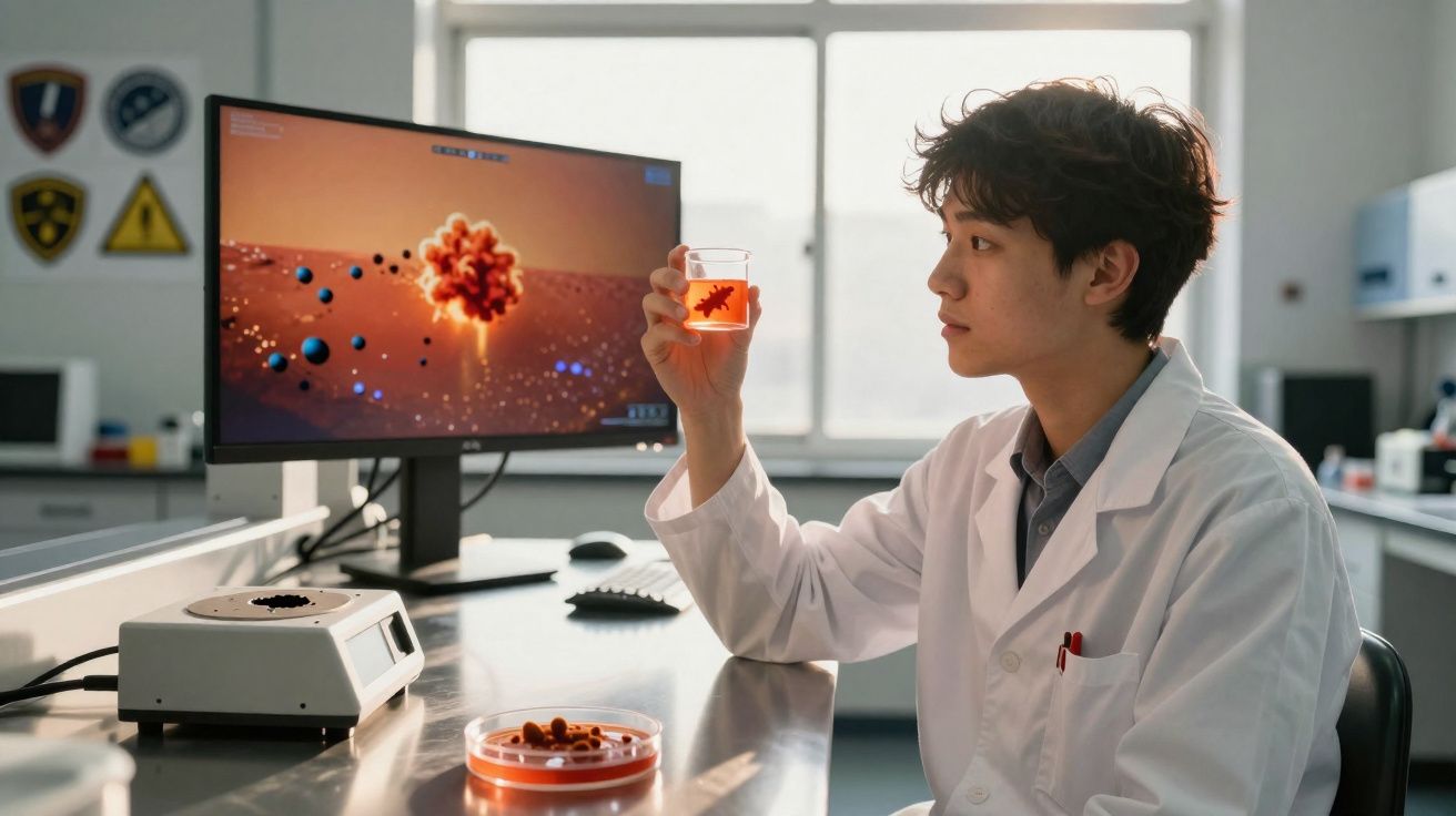 Cientista jovem em bata branca observa cultura celular laranja num frasco no laboratório moderno.