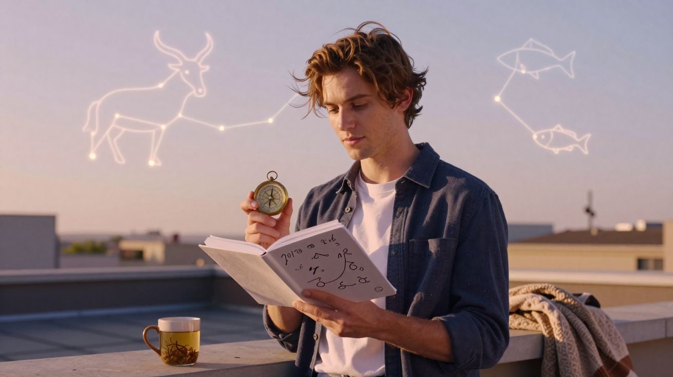 Jovem a segurar bússola e livro com símbolos, constelações de touro e peixes no céu ao pôr do sol.