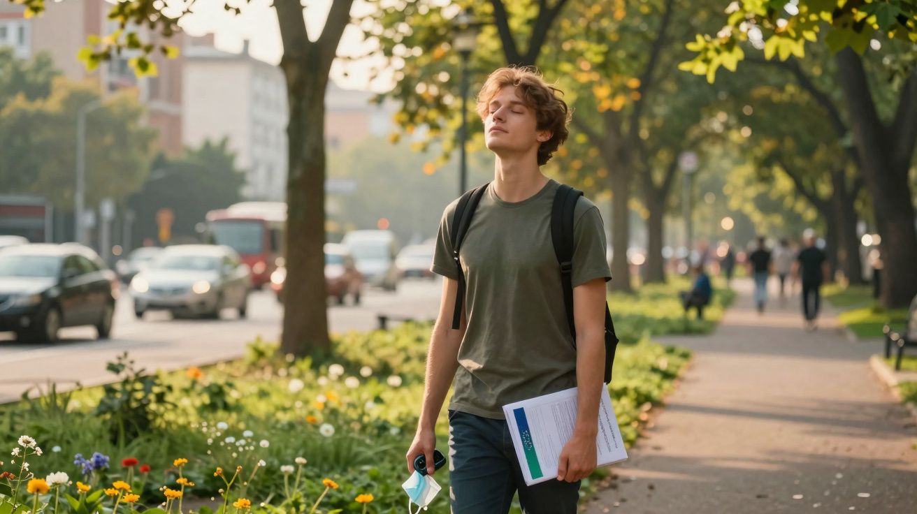 Jovem com mochila, documento e máscara a passear relaxado numa avenida florida em dia de sol.