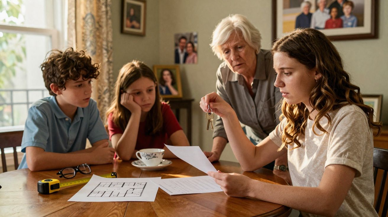Quatro pessoas numa mesa, analisando plantas e documentos, enquanto seguram chaves numa sala iluminada.