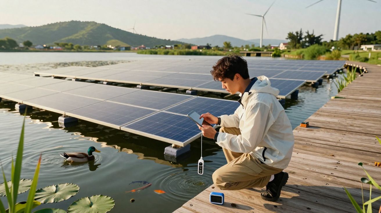 Homem junto a painéis solares sobre água, utilizando dispositivo para medir qualidade da água num lago.