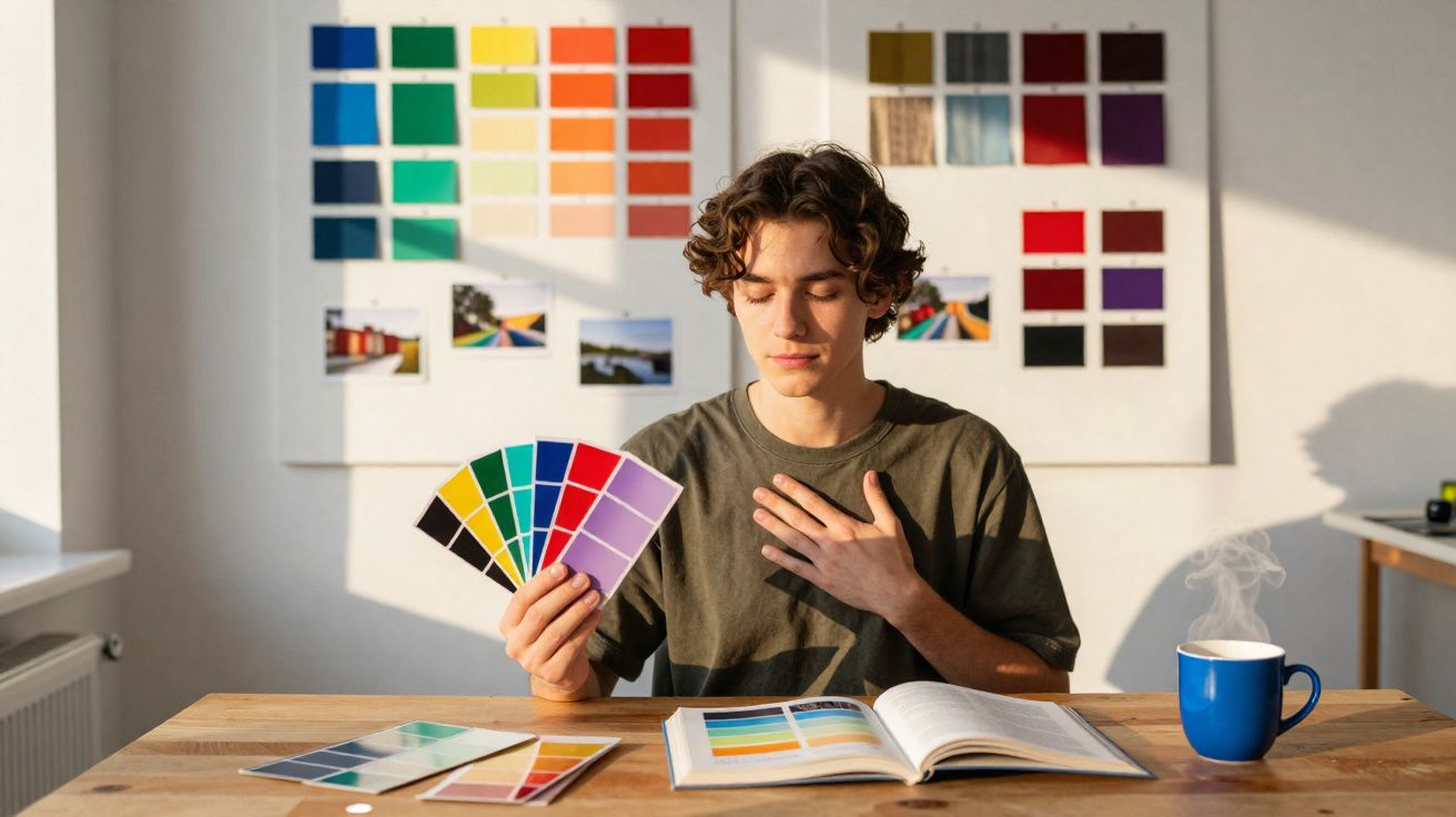 Pessoa a segurar amostras de cores junto a livro aberto com paletas, numa sala iluminada com quadros de cores na parede.
