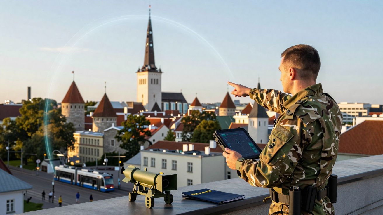 Militar com tablet e miniatura de míssil aponta para cidade com igrejas e torres medievais ao entardecer.