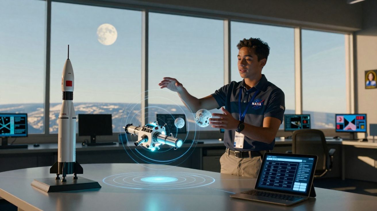 Jovem com camisa NASA apresenta modelo holográfico de estação espacial e planeta em sala com janela e laptop.