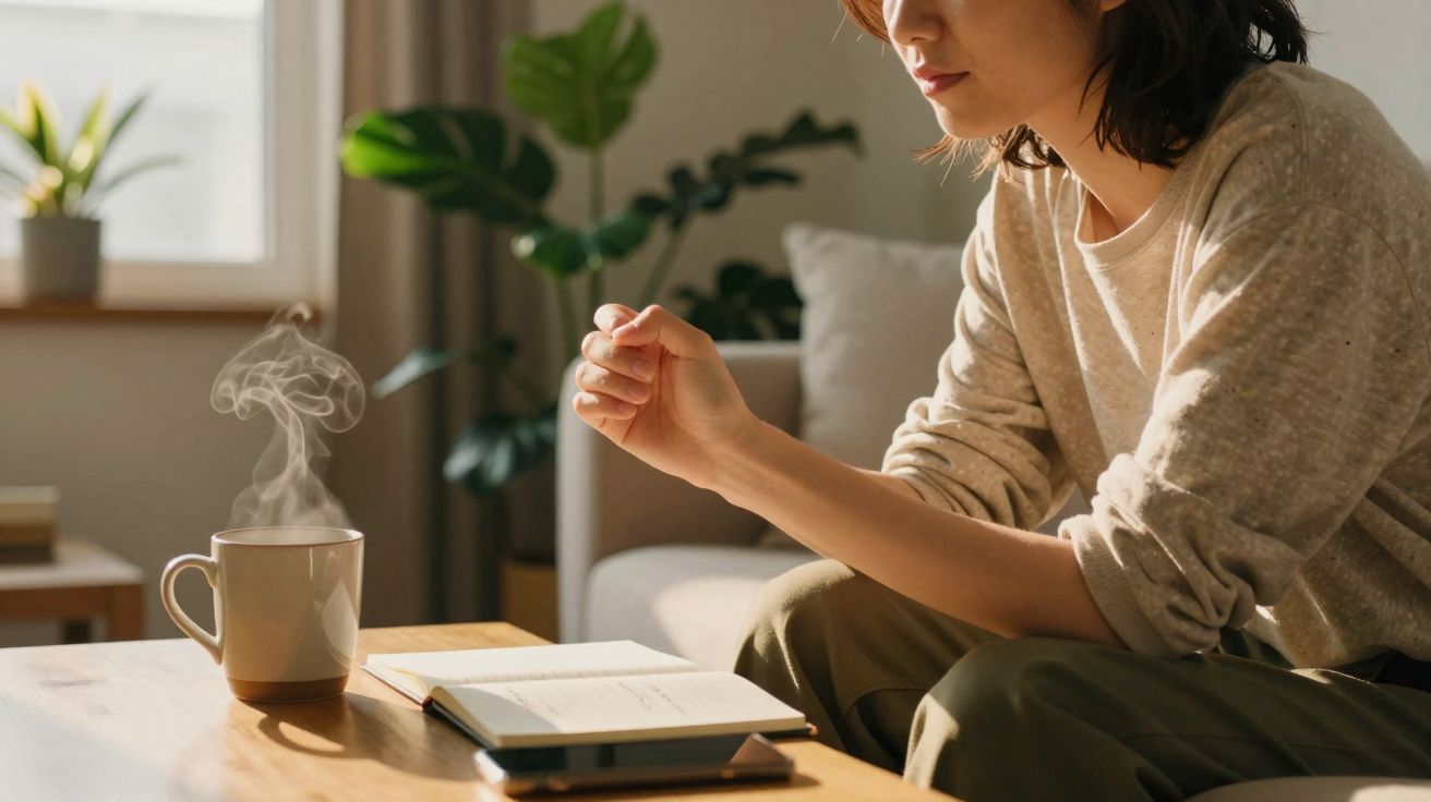Pessoa sentada junto a uma mesa com chá fumegante, livro aberto e ambiente acolhedor em casa.