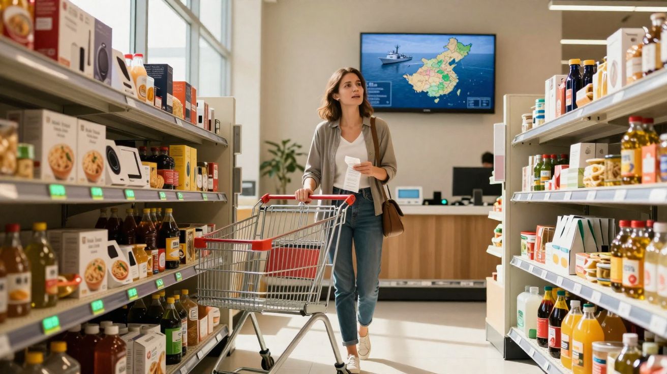 Mulher com carrinho de compras num supermercado, olhando para uma lista enquanto escolhe produtos nas prateleiras.