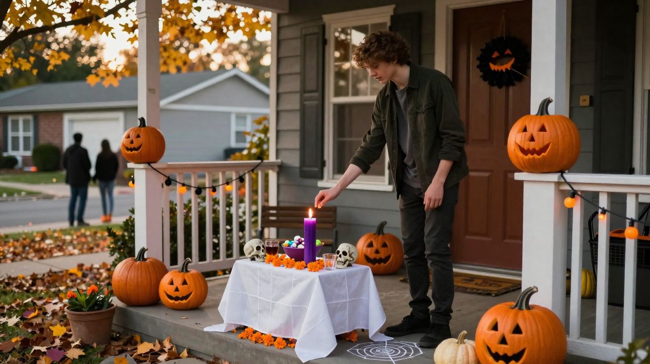 Jovem acende vela em altar com abóboras, caveiras e flores na entrada de casa decorada para Halloween.