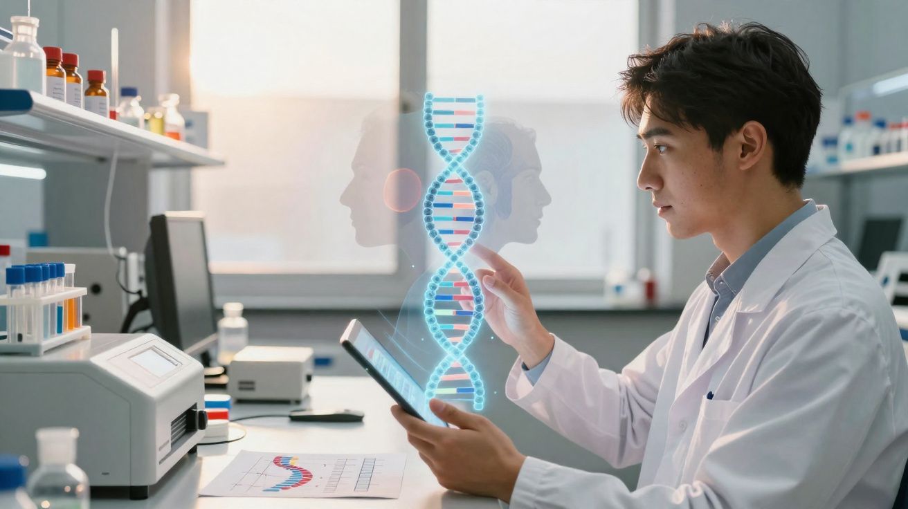Cientista em laboratório a analisar visualização digital de cadeia de ADN com tablet na mão.