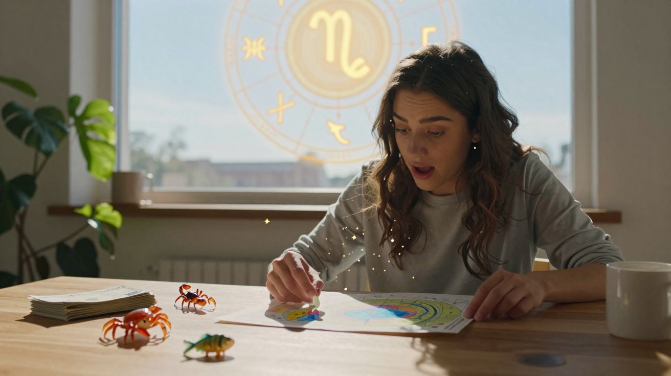 Mulher surpreendida a olhar para cartas astrológicas com símbolos zodiacais brilhantes ao fundo.