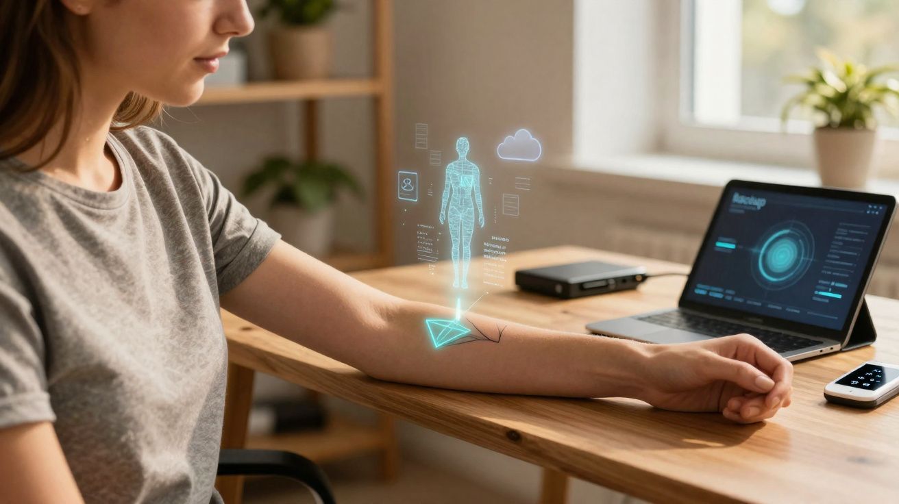 Mulher sentada numa secretária com holograma médico projetado sobre o seu braço esquerdo.