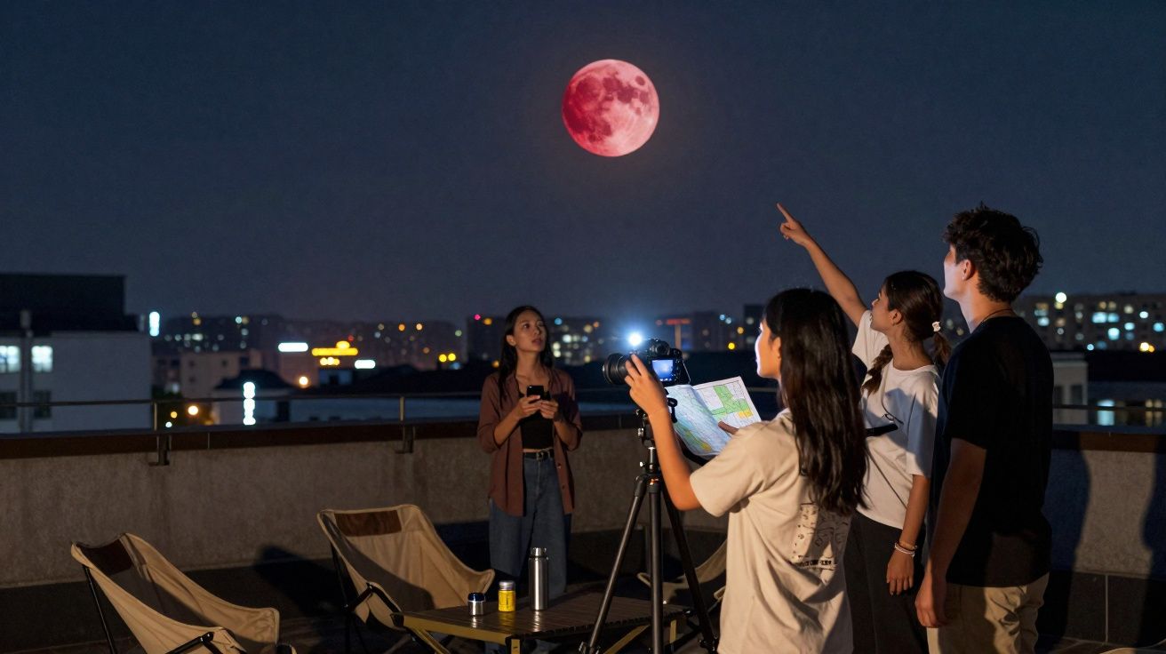 Quatro pessoas observam e fotografam uma superlua vermelha numa noite estrelada numa varanda.