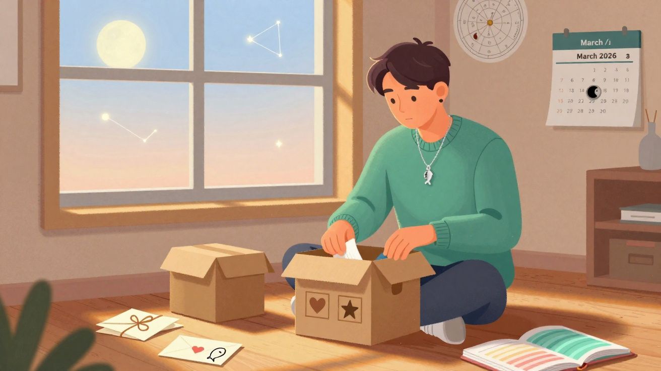 Pessoa a arrumar cartas numa caixa num quarto iluminado pela luz suave do fim do dia, com cartas e livro no chão.