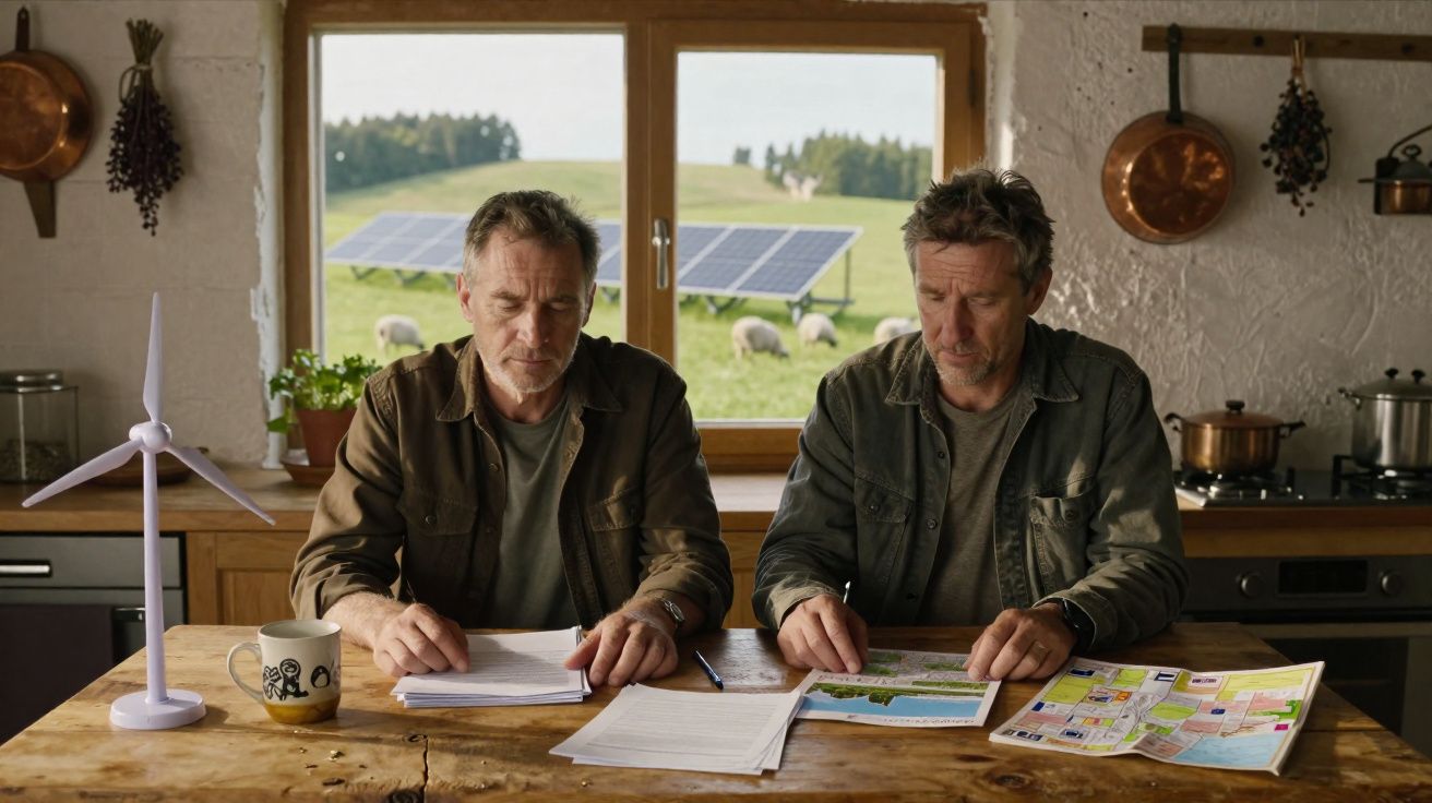 Dois homens sentados à mesa de madeira numa cozinha com documentos, um modelo de turbina eólica e vista para painéis solares 