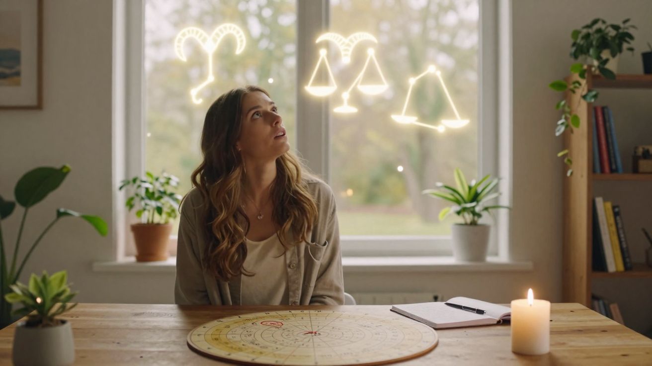 Mulher sentada à mesa com carta astrológica, olhando para símbolos zodiacais com vela acesa ao lado.