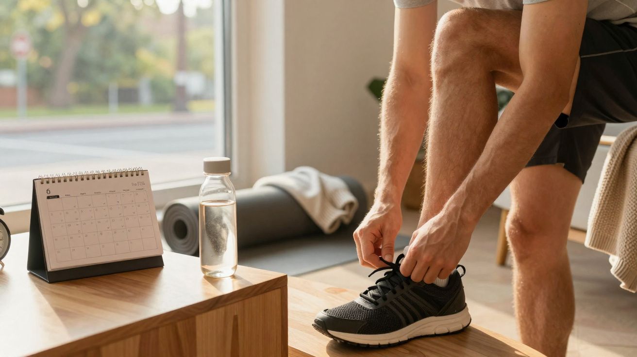 Homem a calçar sapatilha desportiva junto a janela, com garrafa de água e calendário na mesa.