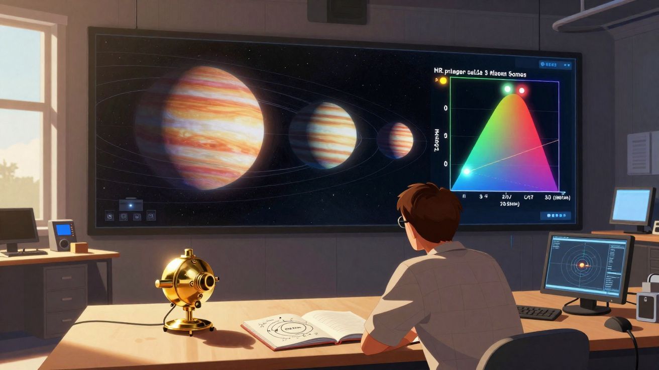 Pessoa a estudar sistemas planetários e gráficos no ecrã de uma sala de aula moderna.