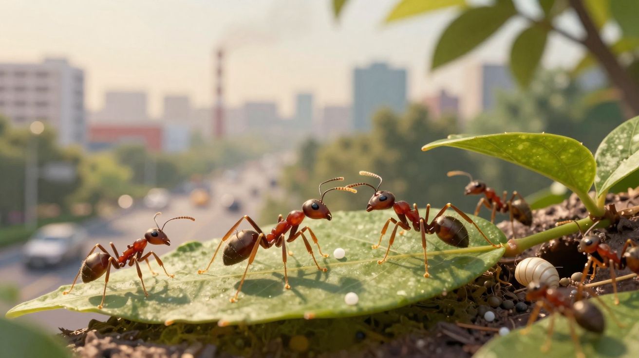 Formigas vermelhas sobre uma folha verde com um cenário urbano desfocado ao fundo.