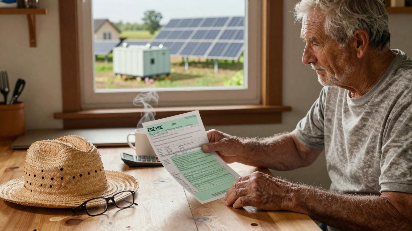 Homem idoso sentado à mesa a ler um documento com painel solar visível pela janela.