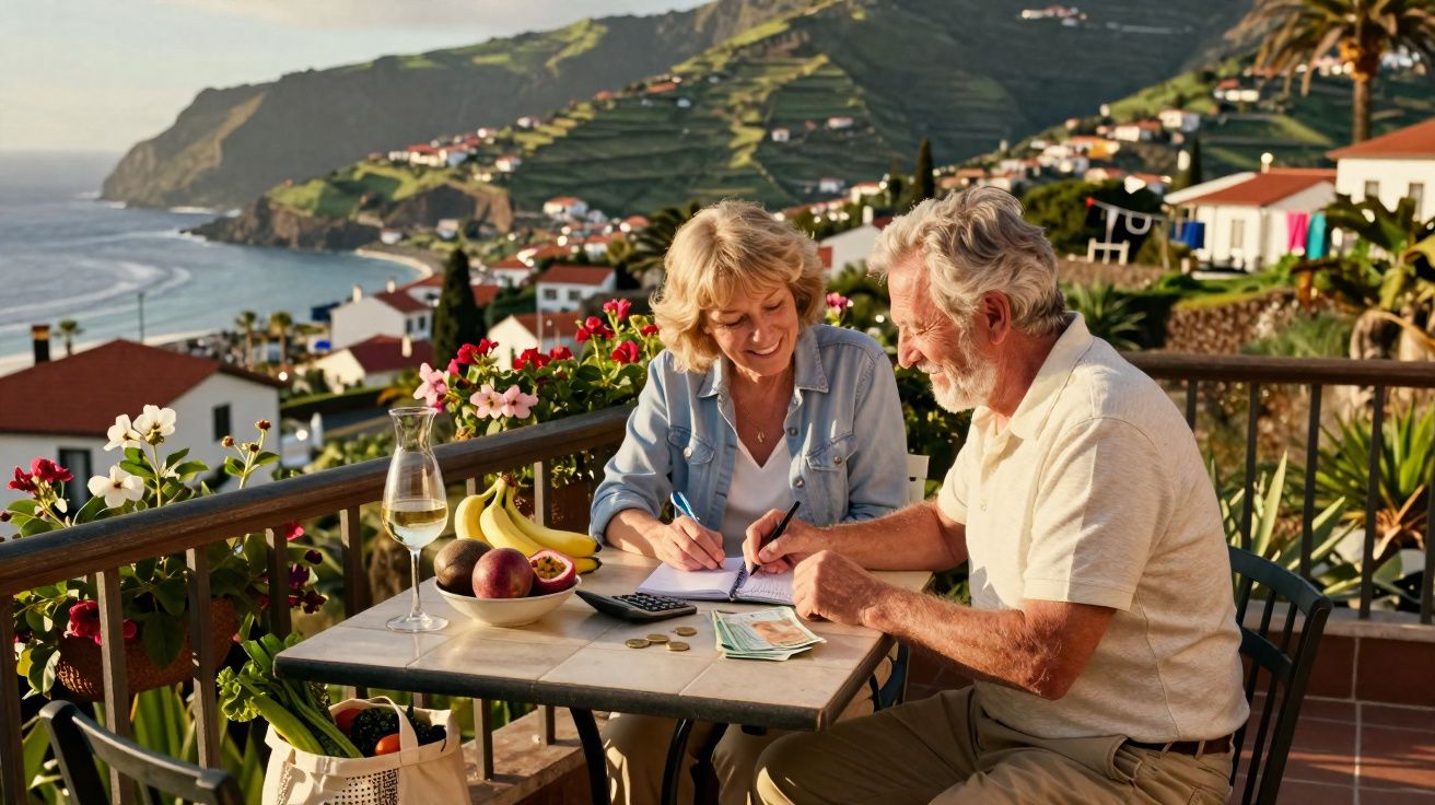 Casal sénior a fazer contas numa mesa exterior com frutas e paisagem costeira ao fundo.