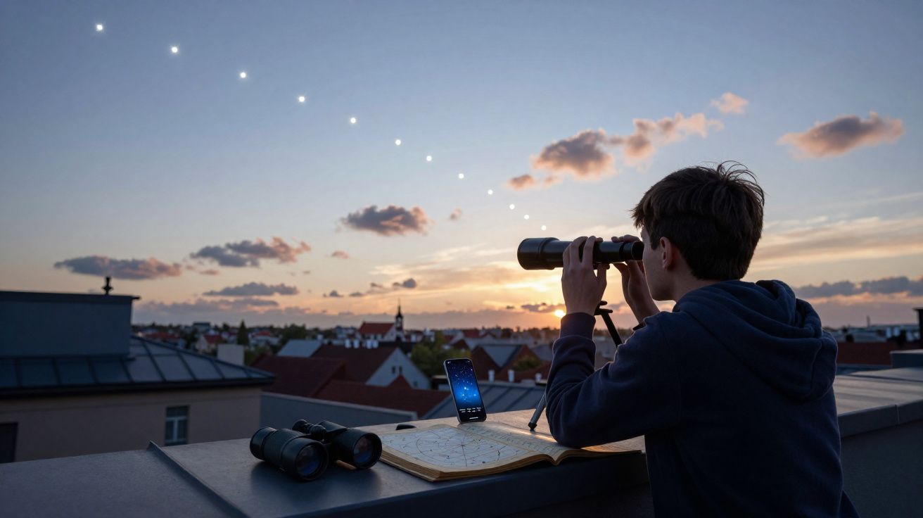 Jovem observa constelação ao pôr do sol com binóculos, mapa estelar e smartphone numa varanda urbana.
