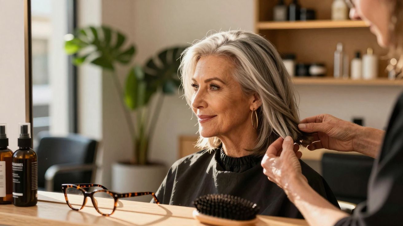 Mulher sénior num cabeleireiro, a sorrir enquanto profissional arruma o seu cabelo cinzento.