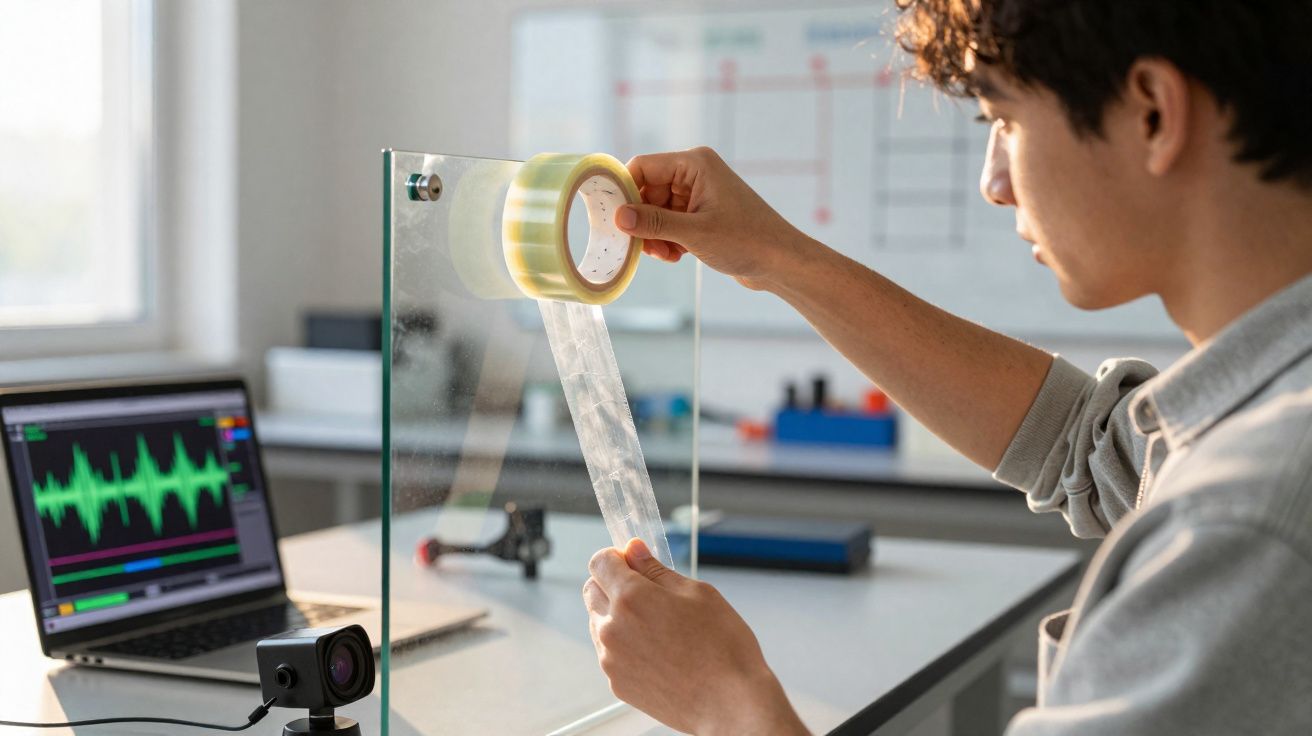 Pessoa a colocar fita adesiva numa divisória de vidro num ambiente de escritório com computador e webcam.