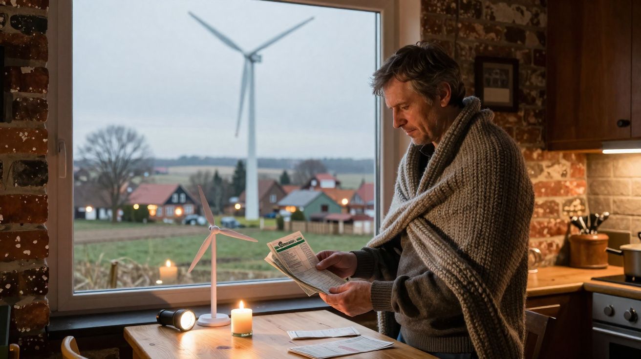 Homem com manta lê informações sobre energia renovável junto a janela com turbina eólica ao fundo.