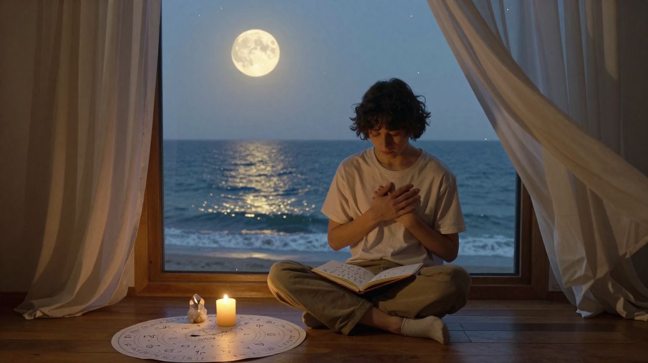 Jovem sentado em posição de meditação junto a vela e livro, com vista para o mar e a lua cheia através da janela.