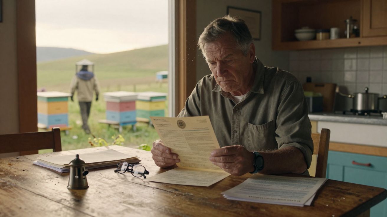 Homem sentado a ler documentos numa mesa de cozinha com apiário ao fundo e outra pessoa a trabalhar no campo.