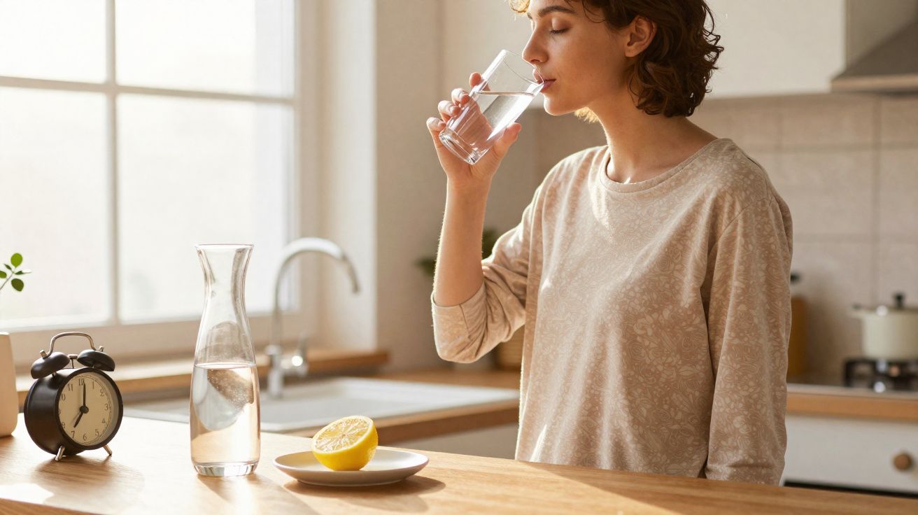 Pessoa a beber água num copo na cozinha, com jarra, relógio e meio limão numa bancada de madeira.