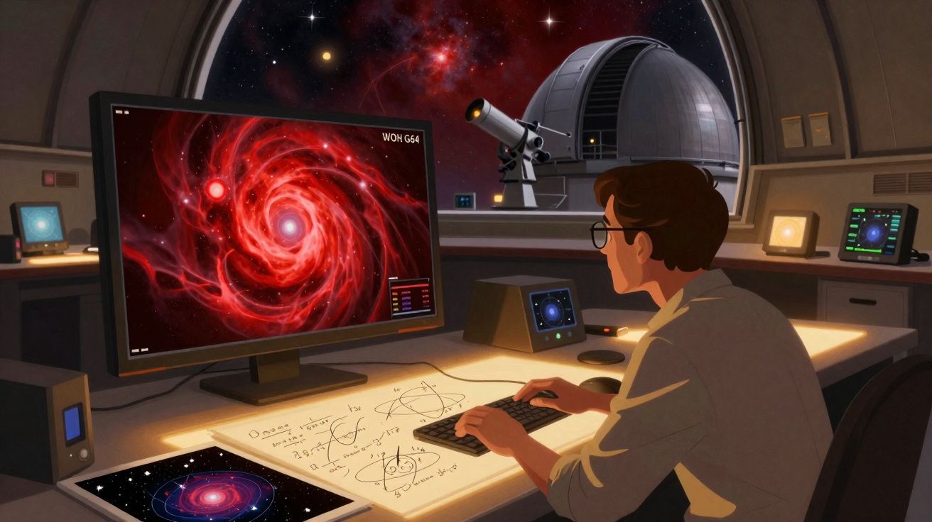 Homem a analisar galáxia vermelha em computador numa sala com telescópio e instrumentos científicos.