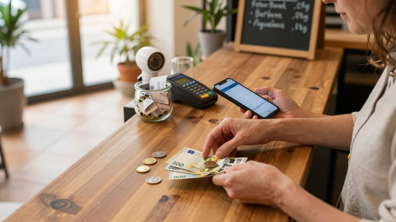 Pessoa conta notas e moedas euro num balcão de madeira, ao lado de telemóvel e terminal de pagamentos.