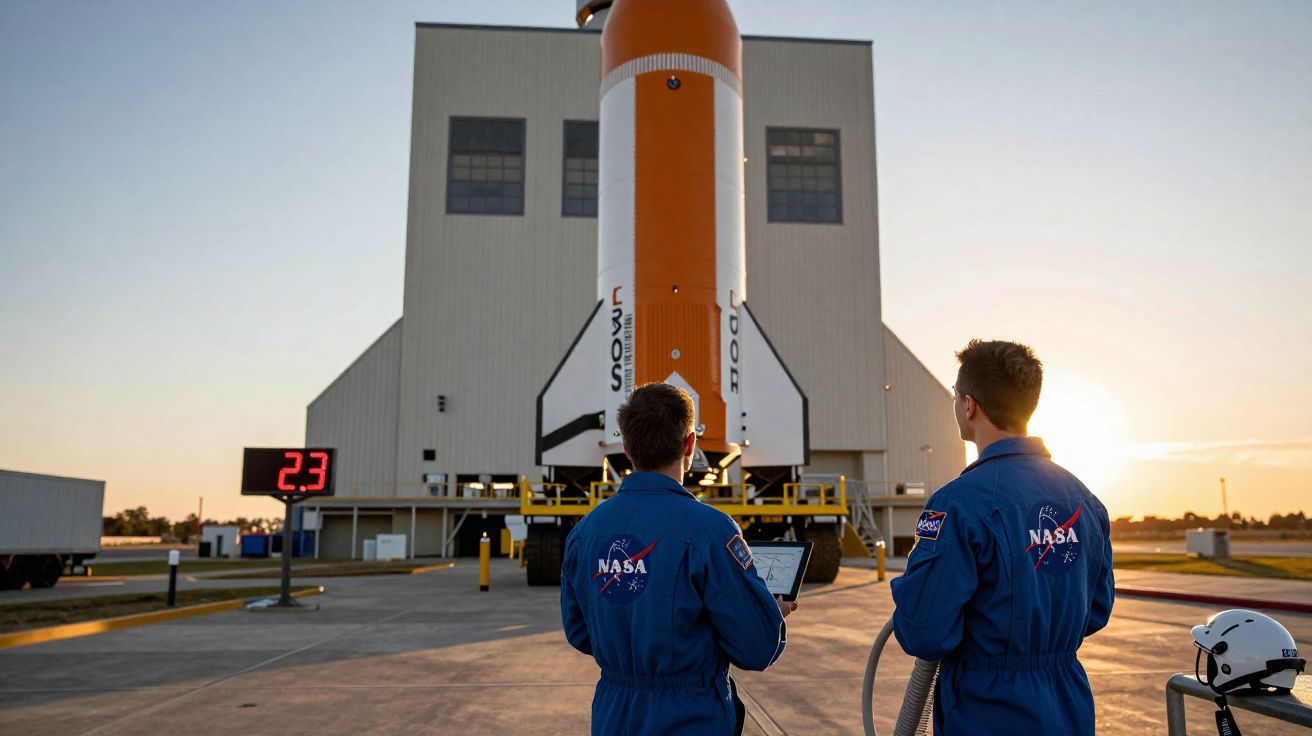 Dois técnicos da NASA em macacões azuis observam um foguetão em frente a um edifício ao pôr do sol.