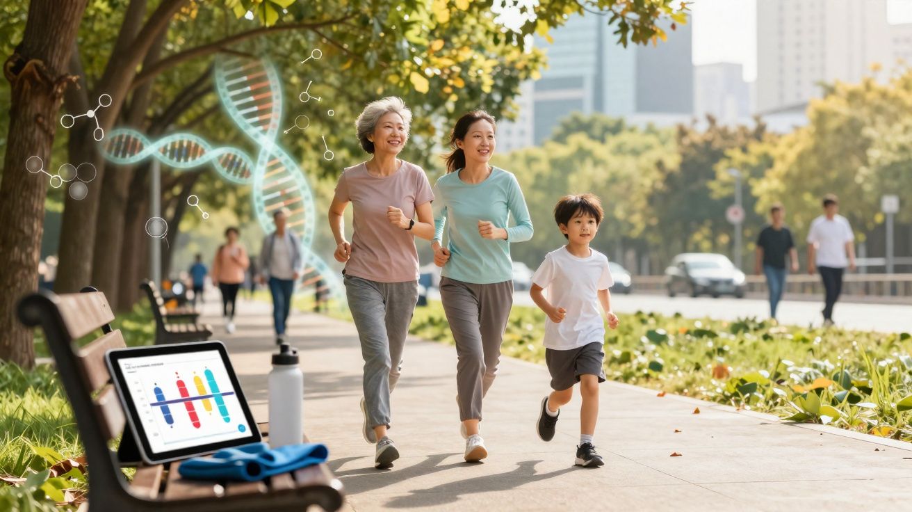 Três gerações a correr num parque urbano, com elementos gráficos de DNA e gráficos de saúde visíveis.