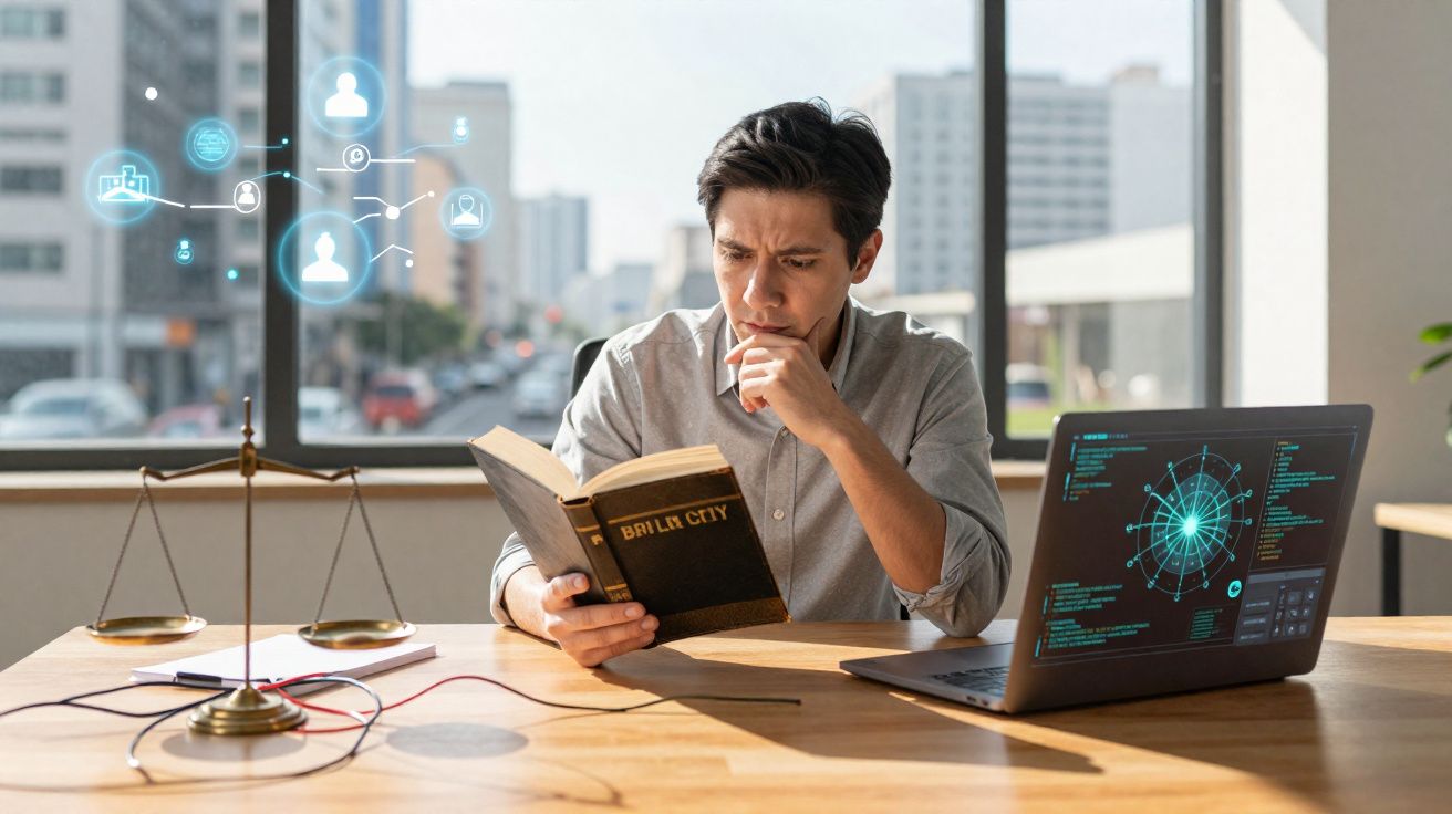 Homem sentado numa mesa a ler um livro com balança e computador com dados digitais à sua volta.