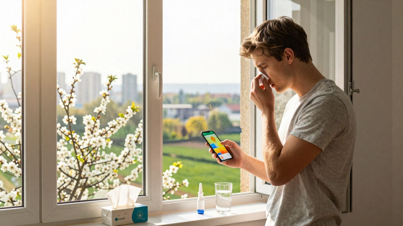 Homem junto à janela com nariz tapado, segurando telemóvel com aplicação, perto de lenços, soro e copo de água.