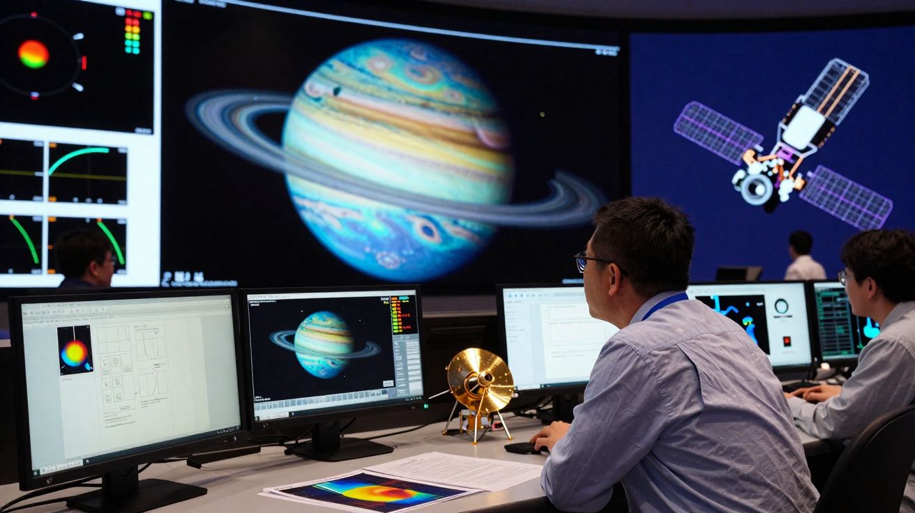Investigadores em sala de controlo analisam imagens digitais do planeta Saturno em vários ecrãs.