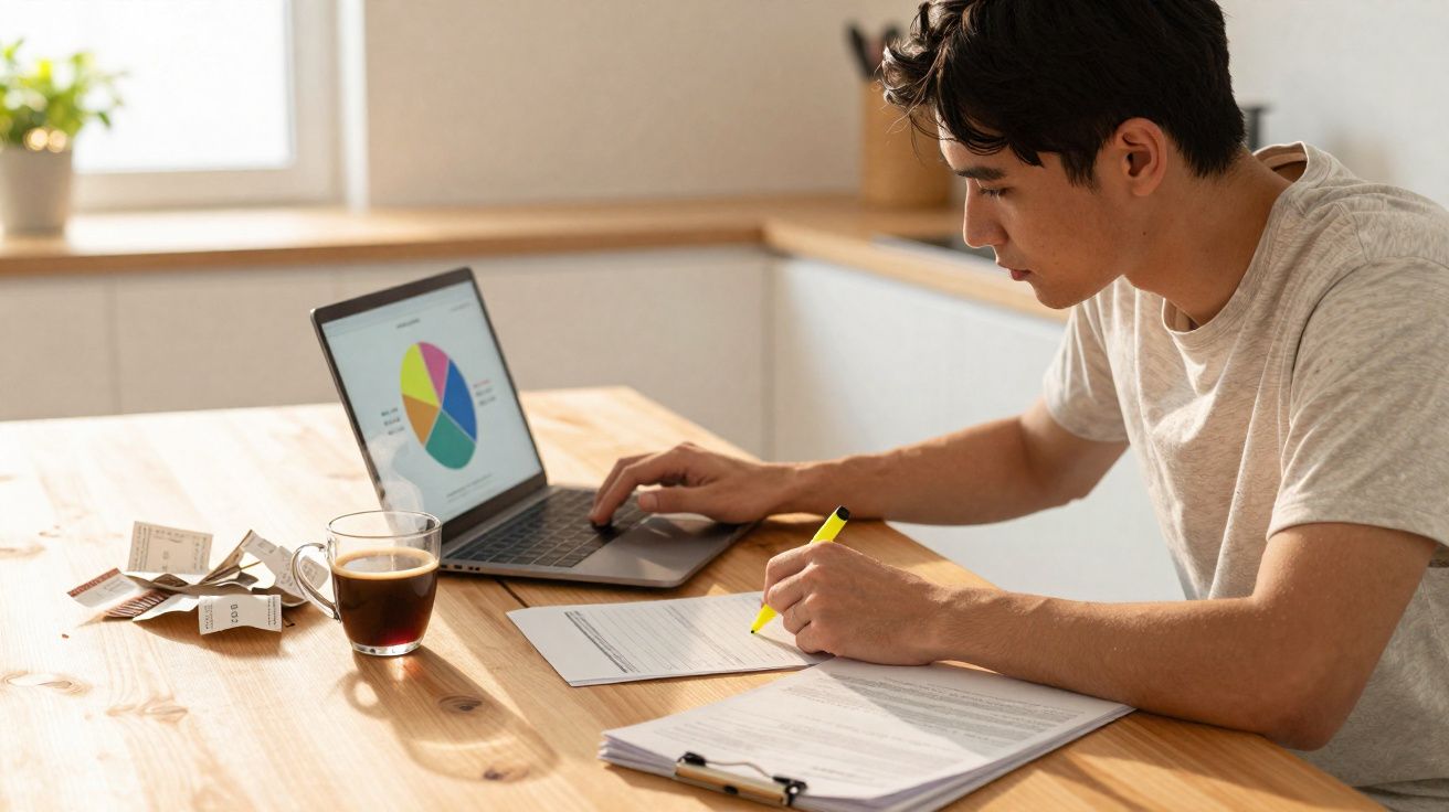 Homem sentado à mesa a analisar gráficos no computador e a preencher documentos.