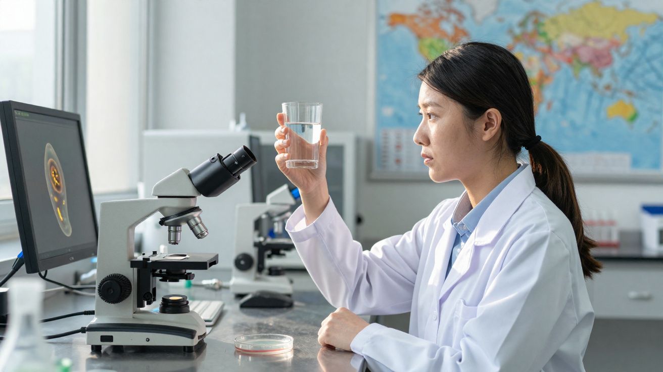 Cientista em bata branca analisa copo de água num laboratório com microscópio e monitor ao fundo.
